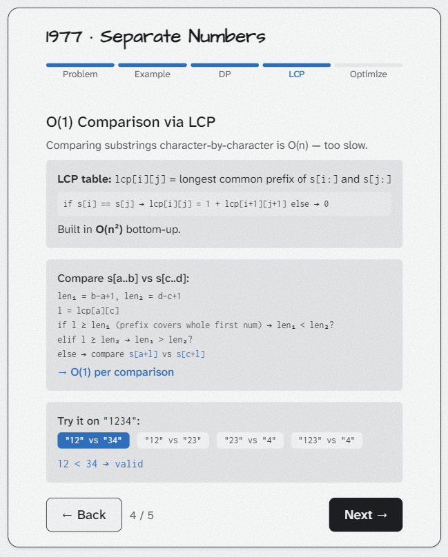 O(1) equal-length comparison via the LCP table, with a worked example on "1234"