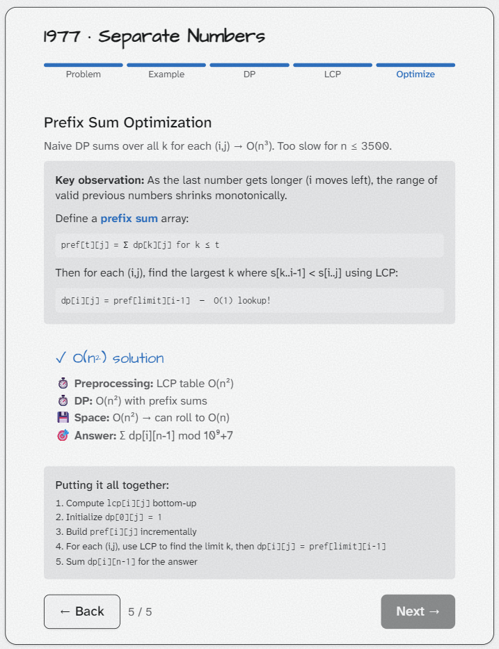 Prefix-sum optimization recap: the O(n²) solution and how the pieces fit together